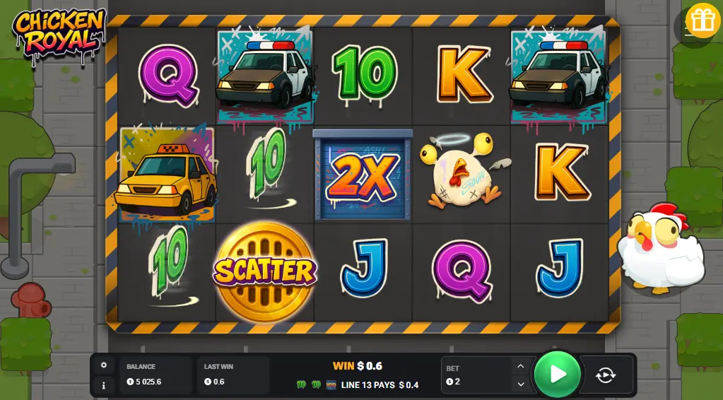 Demo di Chicken Royale Slot - gameplay con 5 rulli e 3 righe, simboli wild e moltiplicatori
